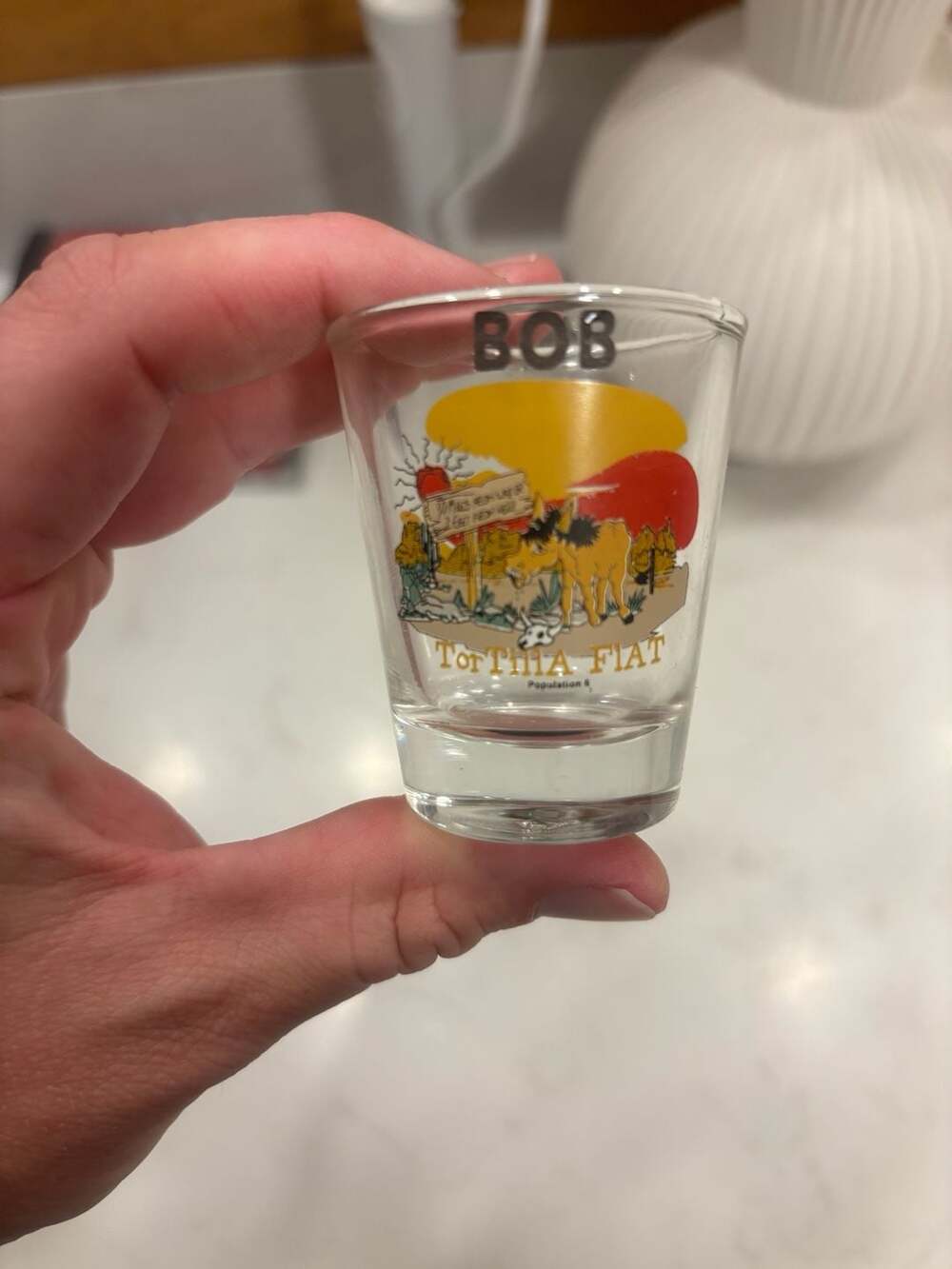 Vintage Tortilla Flat Souvenir Shot Glass with Desert Scene
